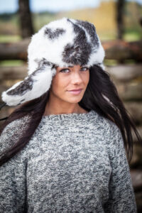 Rabbit fur ushanka winter hat. White and black.